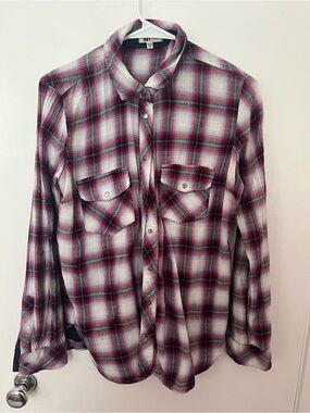 Women’s Plaid Button-Up Shirt - Wine & White